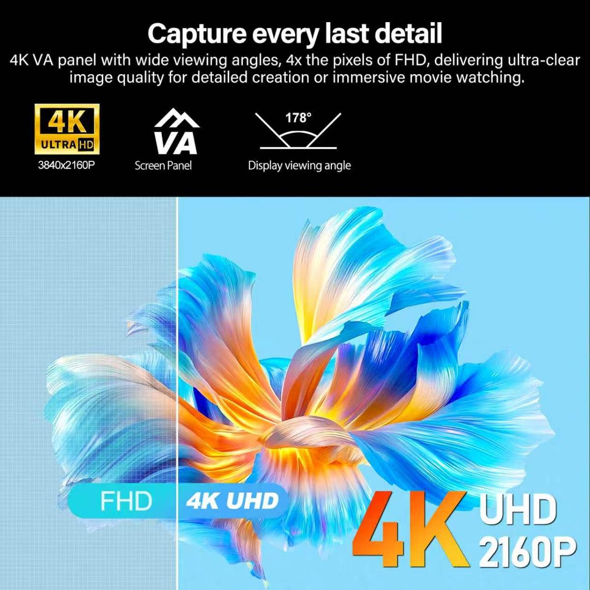 Gawfolk 32 Inch 4K UHD Monitor, 3840×2160, 100% sRGB, 178° Wide View, DP/HDMI, VESA 100x100 Wall Mount, Black