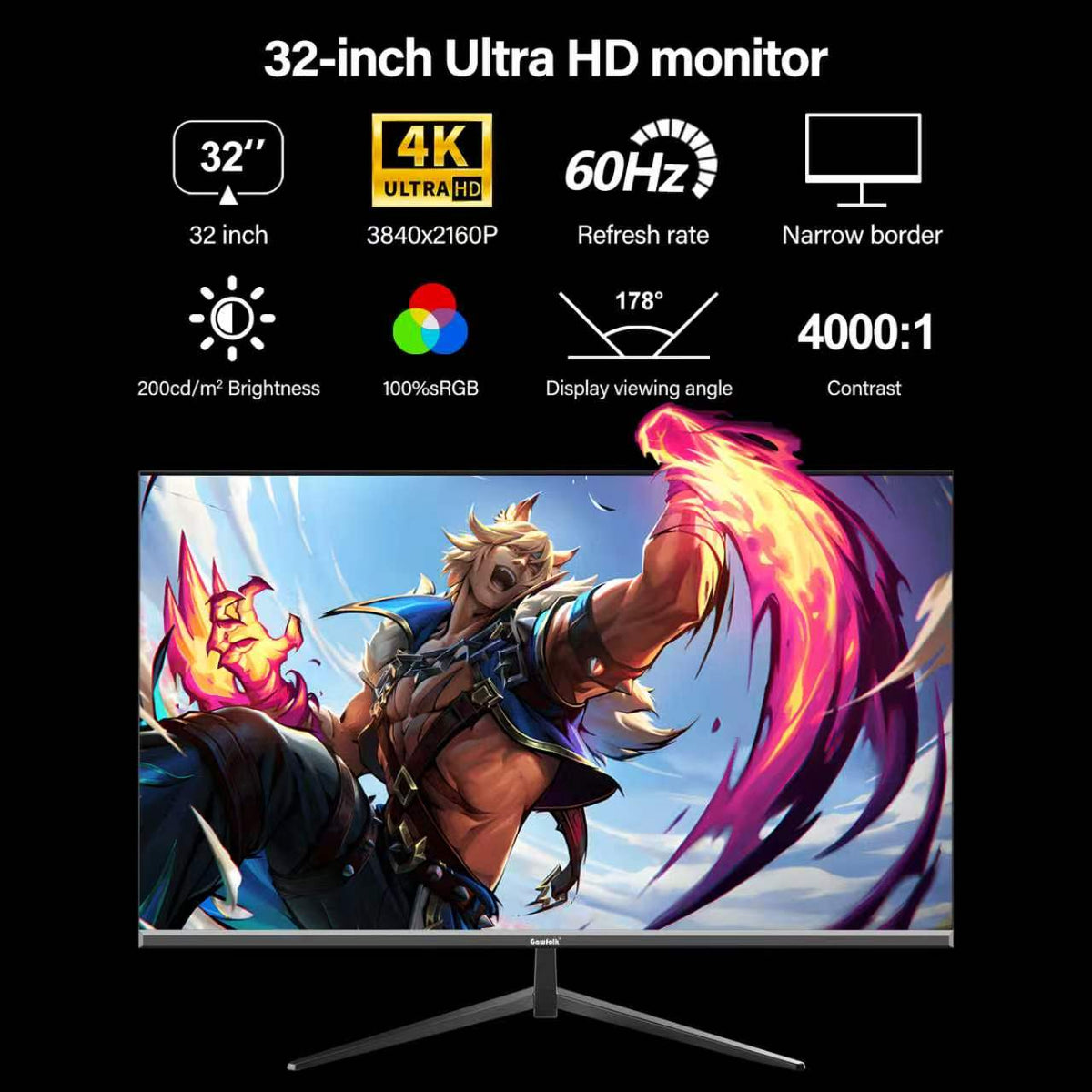 Gawfolk 32 Inch 4K UHD Monitor, 3840×2160, 100% sRGB, 178° Wide View, DP/HDMI, VESA 100x100 Wall Mount, Black