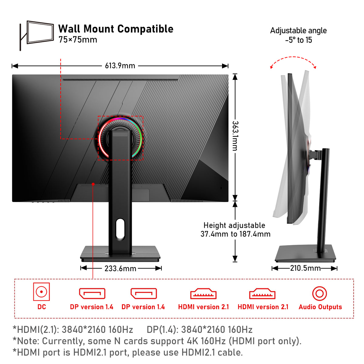 Gawfolk 27" 4K 160Hz IPS Gaming Monitor, AMD FreeSync, 120% sRGB, Adjustable Stand, HDMI 2.1/DP 1.4