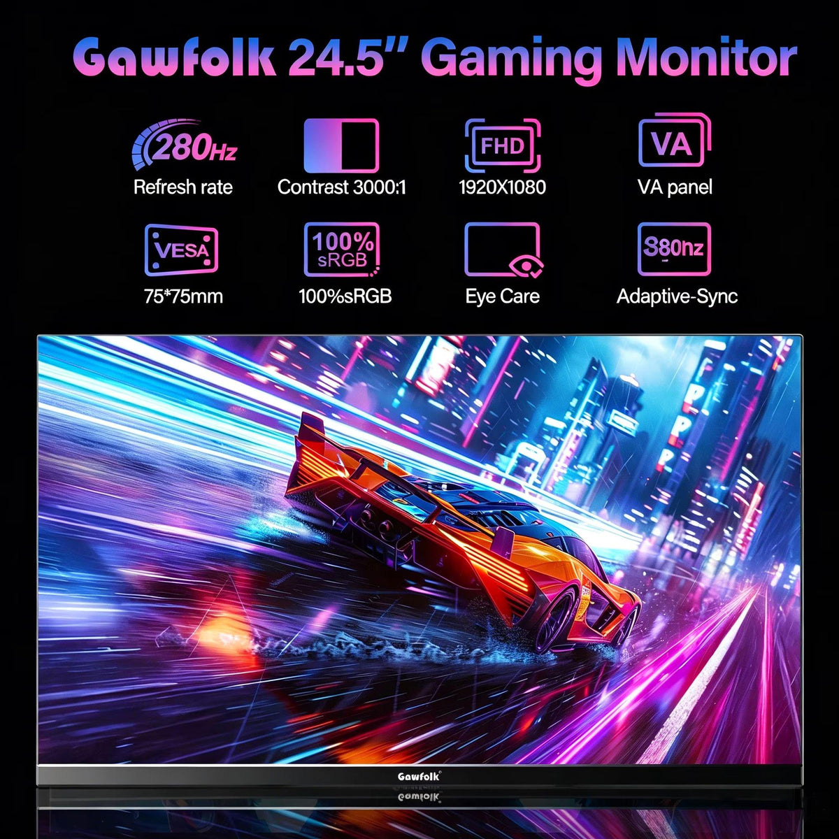 Gawfolk 24.5 Inch Curved Gaming Monitor 120Hz, Full HD 1080P, 3000R Curvature, Built-in Speakers, HDMI , VESA Mount