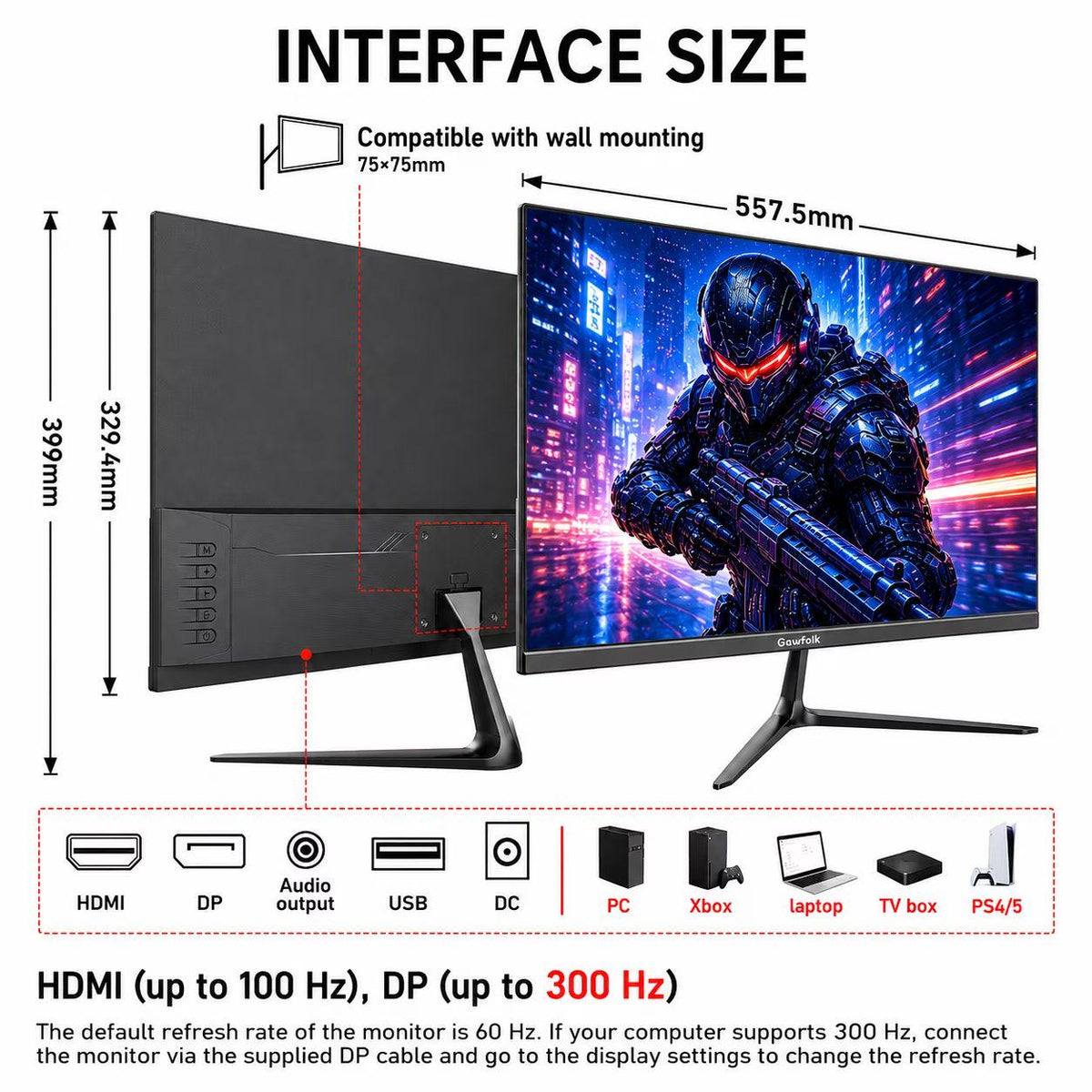 Gawfolk 24.5 Inch Gaming Monitor 300Hz FHD , 1080P Built-in Speakers, DP/HDMI, 75x75mm VESA Wall Mount, Home Office Business, Black