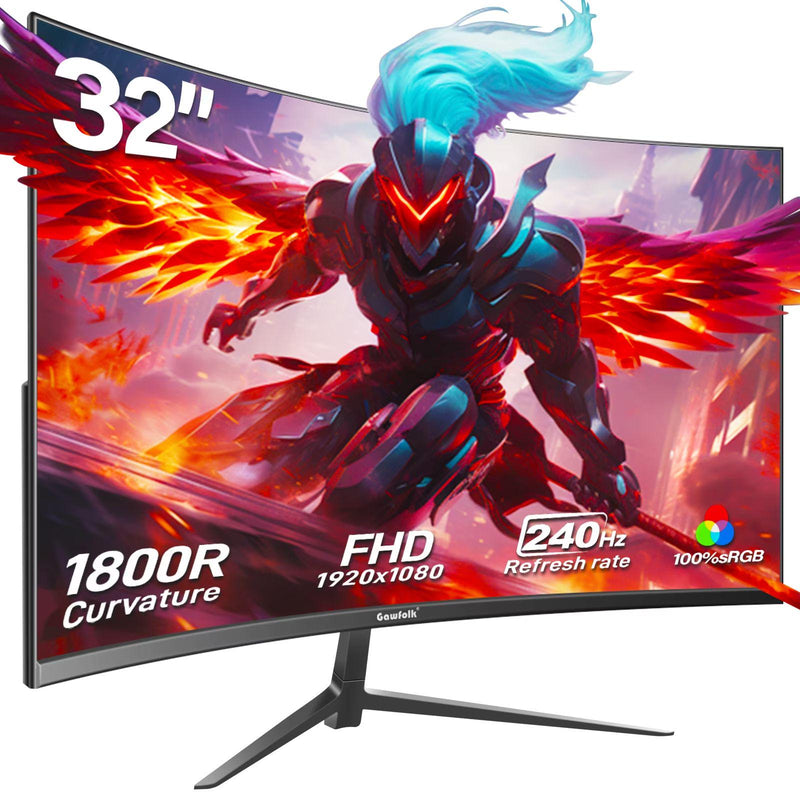 Gawfolk 32 inch 240Hz Curved Gaming Monitor, 1800R FHD 1080P Frameless Display, AMD FreeSync, Eye Care, VESA Mountable